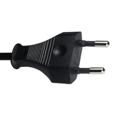 Black two-pin European power plug with textured grip and metal prongs against white background.