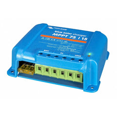 Victron BlueSolar MPPT 75/15 solar charge controller, blue casing with green terminal block and status indicator lights.