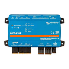 Victron Cerbo GX blue monitoring device with WiFi, Bluetooth, relay outputs and multiple connection ports shown from above.