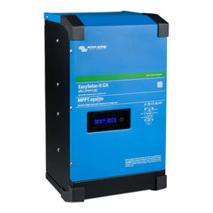 Victron EasySolar-II GX inverter charger, blue and black unit with display screen showing battery voltage and charge status.