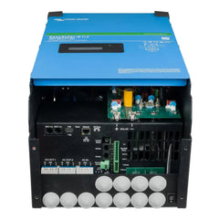 Victron EasySolar-II inverter shown open with blue top cover removed, exposing internal circuit boards, components, and
