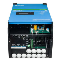 Victron EasySolar-II inverter with blue top panel, open chassis showing internal circuit boards, capacitors, and electrical