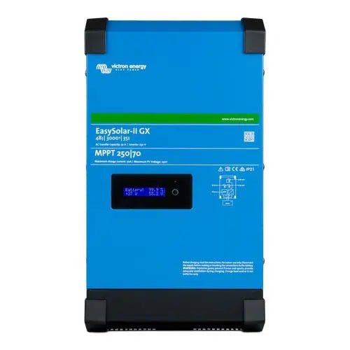 Victron EasySolar-II 48/3000/35-32 MPPT 250/70 GX inverter charger with blue casing, digital display, and black corner