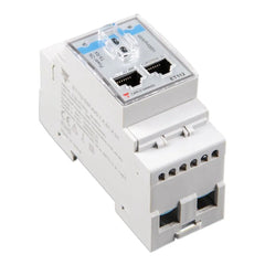 Victron EnergyMeter ET112 single-phase energy meter with terminal connections and two RJ45 ports mounted on DIN rail.