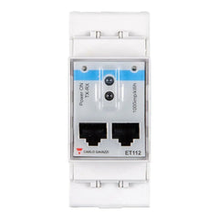 Carlo Gavazzi ET112 energy meter with Power ON TX-RX label and 1000mpkwh rating, mounted on white DIN rail.