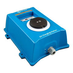 Victron blue EV charging station with black circular connector on top, orange stripe, information panel, and grey cable