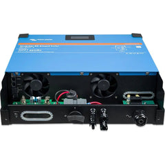 Victron RS 48/6000 Smart Solar inverter, blue top panel with display, black base showing dual cooling fans and internal