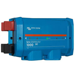 Victron Lynx Distributor 1000 DC blue power distribution unit with red connector terminals and status indicator light.