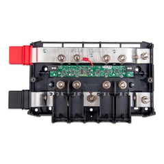 Victron Lynx Distributor M10 top-down view showing metal busbars, green circuit board, red handle, and black plastic housing