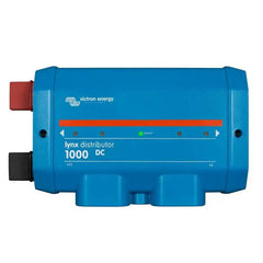 Victron Energy Lynx Distributor 1000 DC blue cylindrical device with red and black terminals and power indicator light.