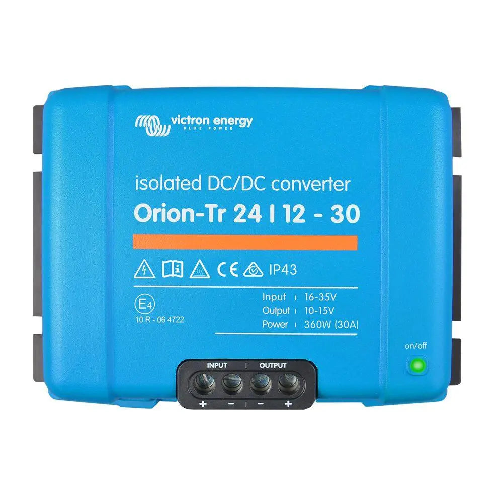Victron Energy blue Orion-Tr 24/12-30 isolated DC/DC converter with terminal connectors and green on/off indicator light.