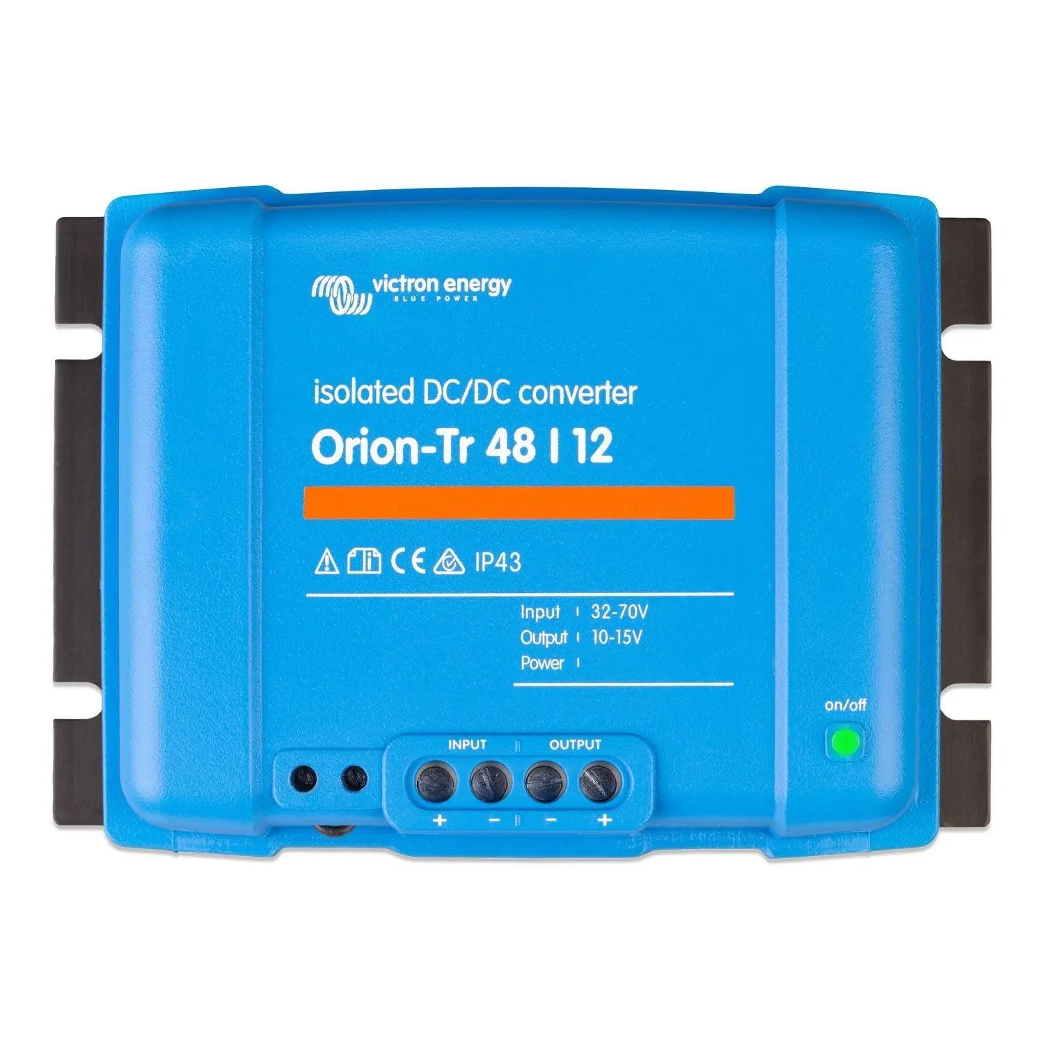 Victron Energy Orion-Tr 48/12 isolated DC-DC converter, blue device with input/output terminals and on-off button visible.