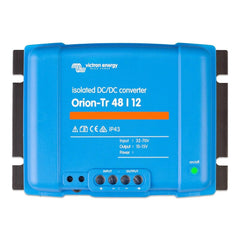 Victron Energy Orion-Tr 48/12 isolated DC-DC converter, blue device with input/output terminals and on-off button visible.