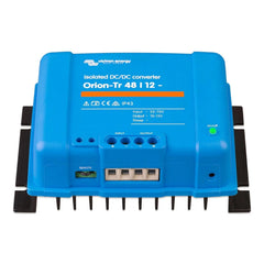 Victron Orion-Tr 48/12 isolated DC/DC converter, blue device with input/output terminals, on/off button, and remote