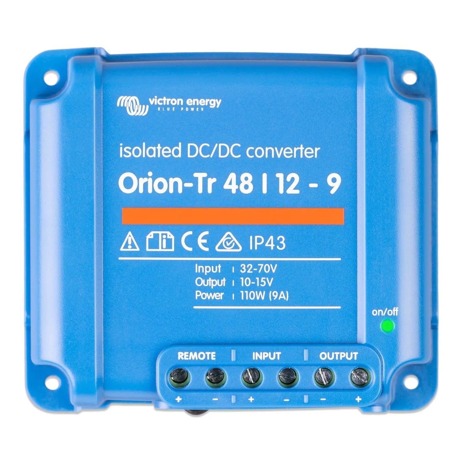 Victron Orion-Tr 48/12-9A isolated DC-DC converter. Blue device with terminal connections, on/off indicator light, and