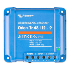 Victron Orion-Tr 48/12-9A isolated DC-DC converter. Blue device with terminal connections, on/off indicator light, and