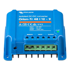 Victron Orion-Tr 48/12-9A isolated DC-DC converter, blue casing with green terminal block and on-off indicator light.