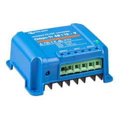 Victron Orion-Tr 48/12-9A isolated DC-DC converter, blue casing with green terminal block and black heat sink fins.