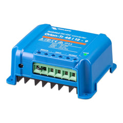 Victron Orion-Tr 48/12-9A isolated DC-DC converter, blue casing with green terminal block and heat sink fins.