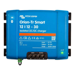 Victron Orion-Tr Smart 12/12-30 isolated DC/DC charger, blue rectangular device with control panel and green power indicator