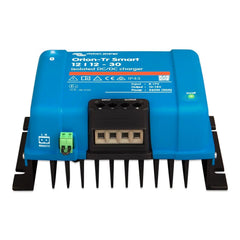 Victron Orion-Tr Smart 12/12-30A isolated DC-DC charger with blue casing, black heat sink fins, terminal blocks and green
