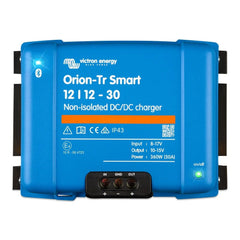 Victron Energy Orion-Tr Smart 12/12-30 non-isolated DC/DC charger, blue device with black terminals and indicator lights.