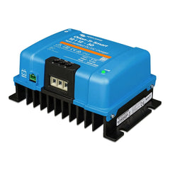 Victron Orion-Tr Smart 12/12-30A blue DC-DC charger with black heatsink fins and terminal connections visible.