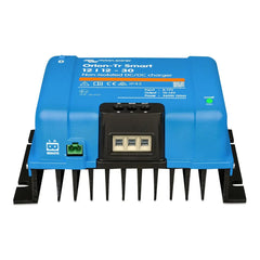 Victron Orion-Tr Smart 12/12-30A blue DC-DC charger with black heat sink fins, terminal block, and on/off button.