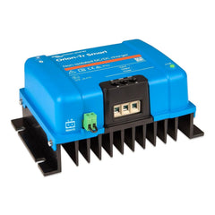 Victron Orion-Tr Smart blue DC-DC charger with black heatsink fins, green terminal block, and black display panel.