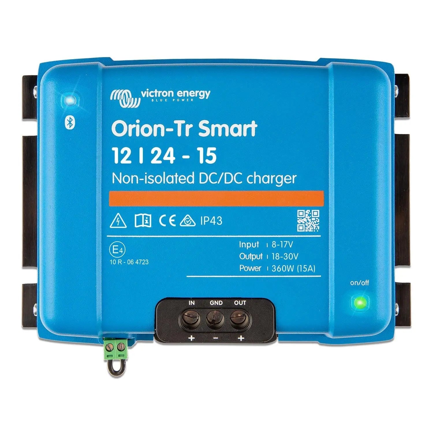 Victron Energy Orion-Tr Smart 12/24-15 non-isolated DC/DC charger with blue casing, terminals and on/off indicator light.