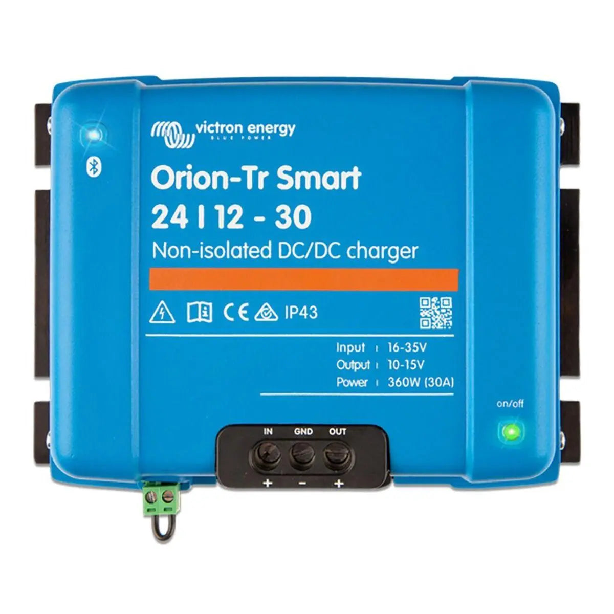 Victron Orion-Tr Smart 24/12-30 blue DC-DC charger with terminals and on-off switch displayed front-on.