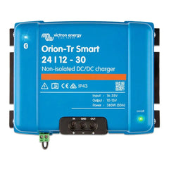 Victron Orion-Tr Smart 24/12-30 blue DC-DC charger with terminals and on-off switch displayed front-on.