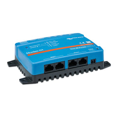 Victron Nucleo GX blue networking device with four Ethernet ports and black mounting bracket, front angle view.