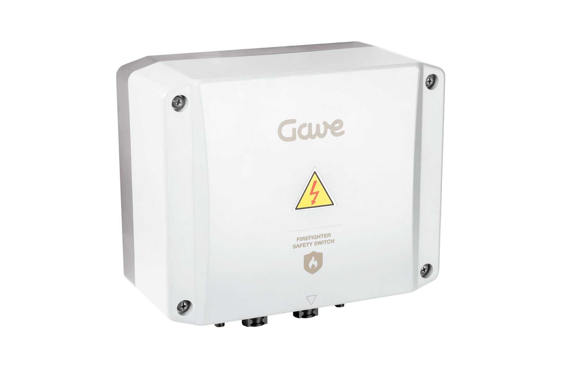 Product photo of a white wall-mounted Gave Firefighter Safety Switch enclosure with a lightning warning symbol and two cable