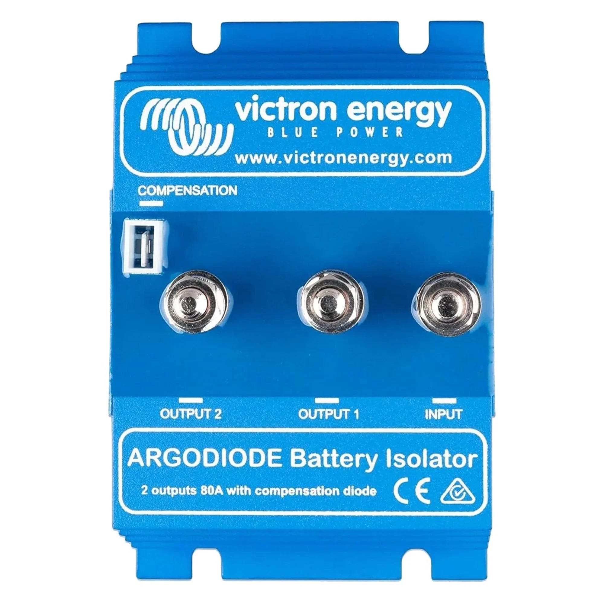 Victron Energy Argodiode Battery Isolator, blue device with three terminal posts labelled Input, Output 1, Output 2.