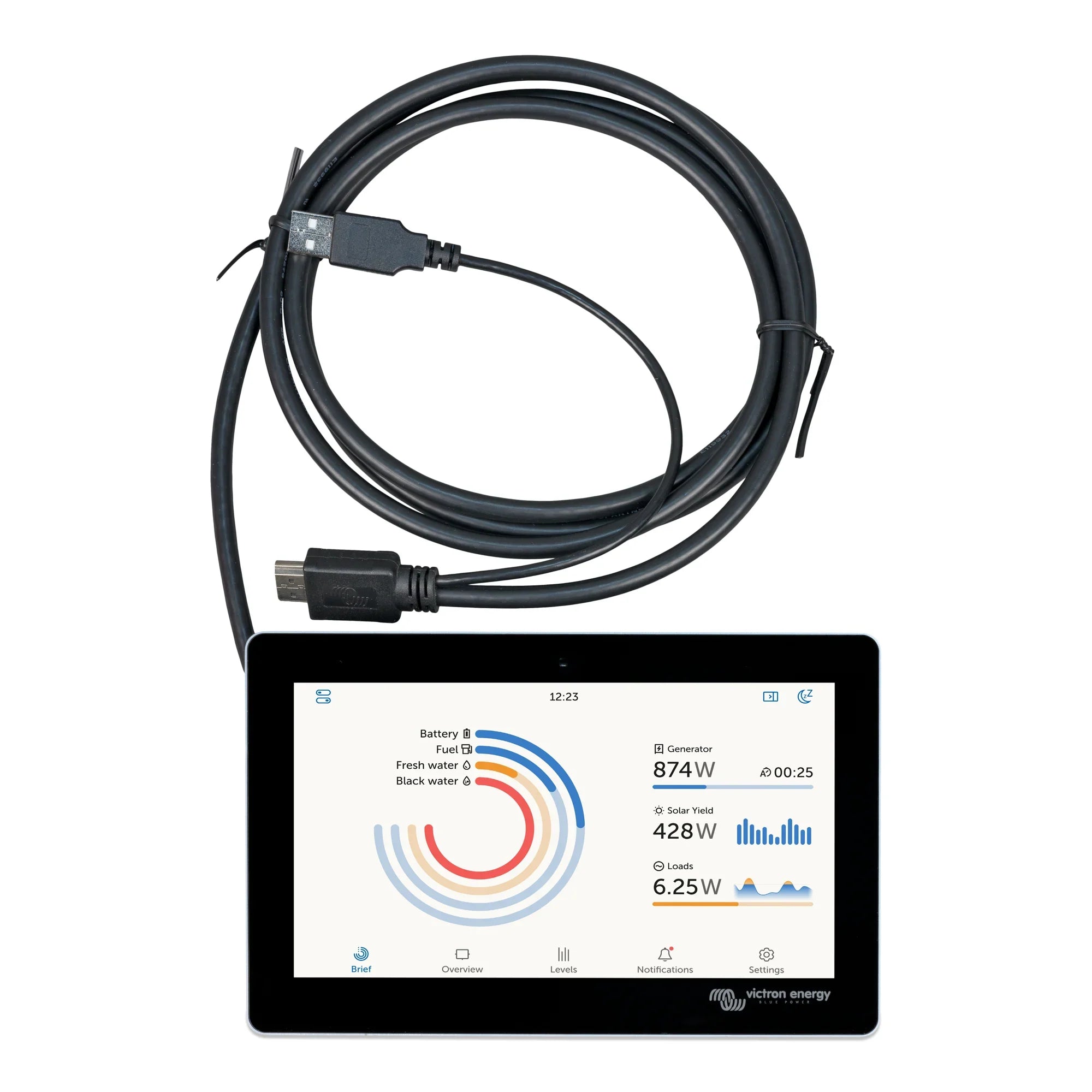 Victron GX Touch 50 flush display with USB cable showing battery, fuel, water levels and generator power output readings.