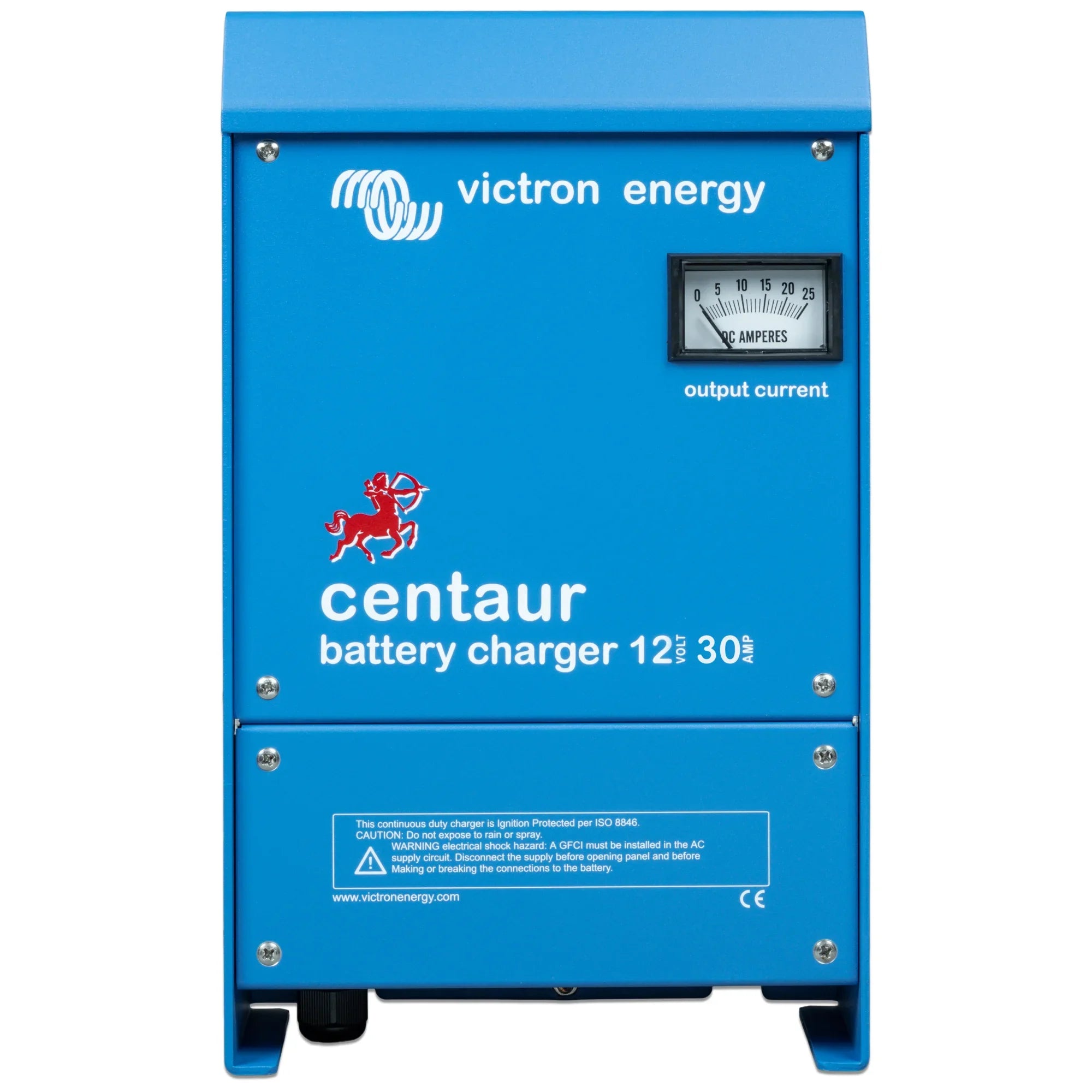 Victron Energy blue Centaur battery charger 12V 30A with output current gauge and safety warning label on front panel.