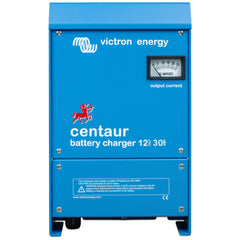 Victron Energy blue Centaur battery charger 12V 30A with output current gauge and safety warning label on front panel.