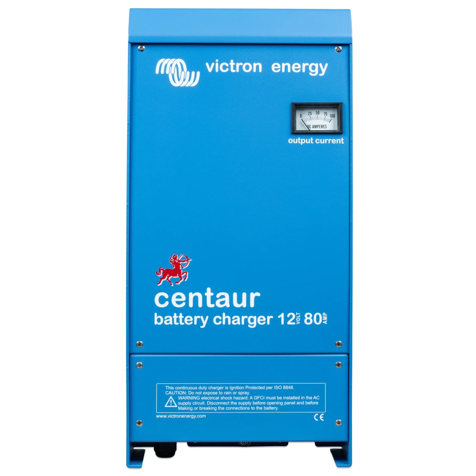 Victron Energy Centaur battery charger 12V 80A with blue casing, output current gauge and safety warnings label displayed.