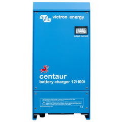 Victron Energy Centaur battery charger 12V-100A with blue metal casing and output current gauge display.