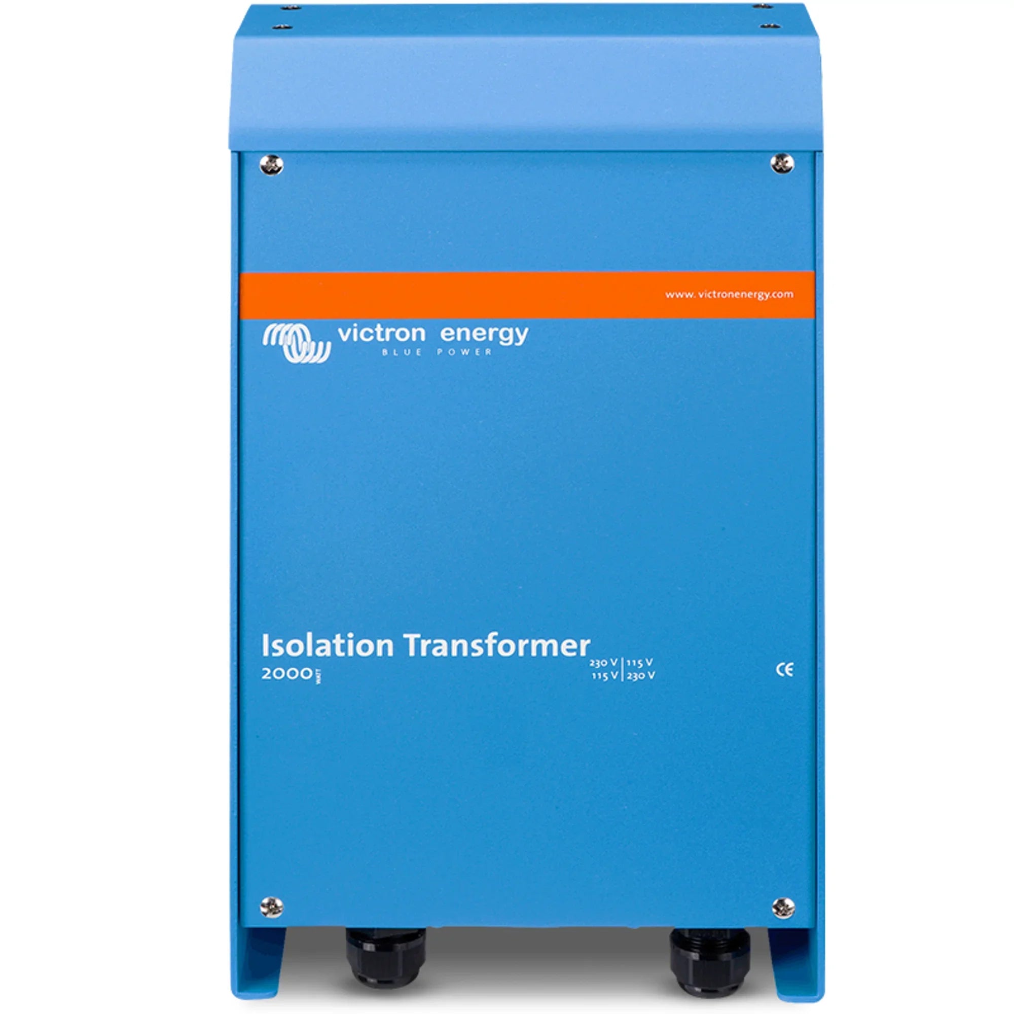 Victron Energy blue Isolation Transformer 2000i unit with orange branding stripe, mounted on blue feet, front view.