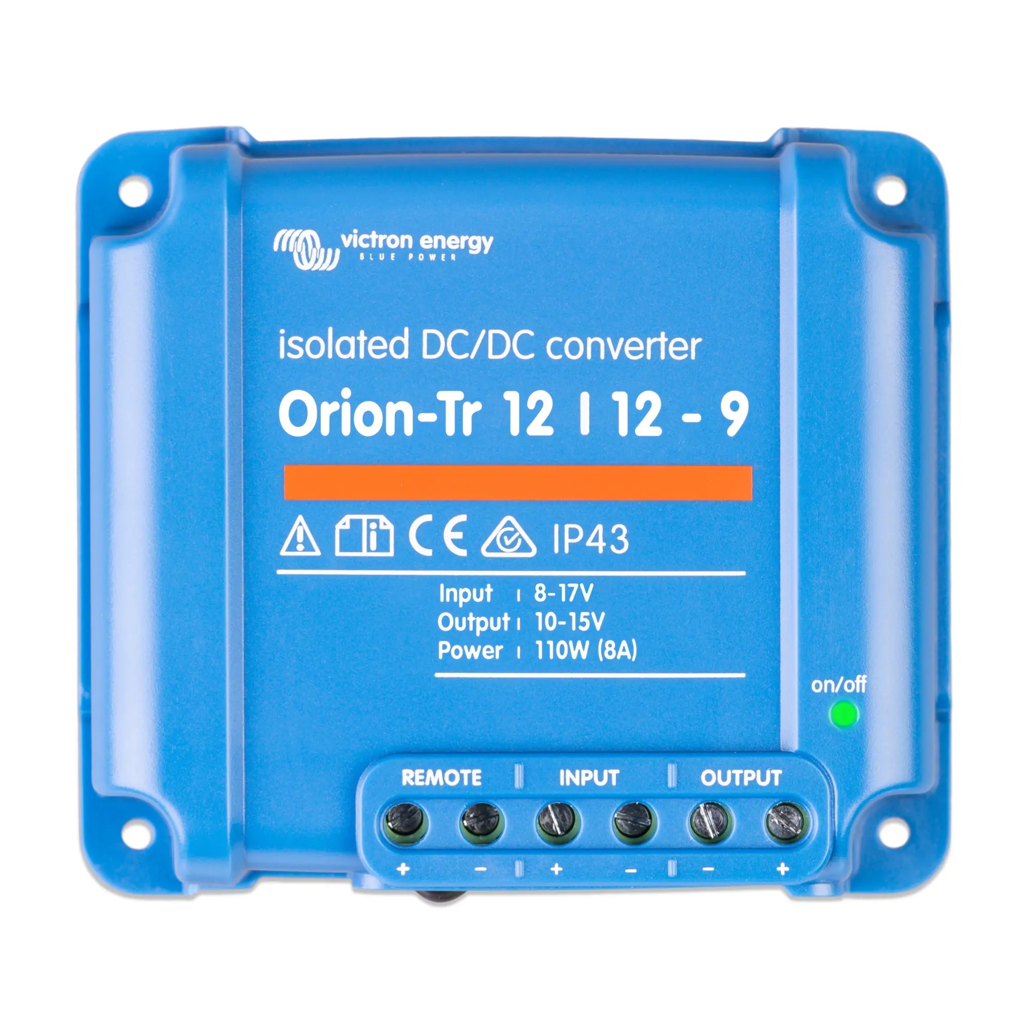 Victron Orion-Tr 12/12-9 isolated DC/DC converter, blue rectangular device with terminal connectors and on/off indicator