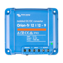 Victron Orion-Tr 12/12-9A isolated DC-DC converter, blue device with terminal connections and on/off indicator light.