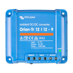 Victron Orion-Tr 12/12-9 isolated DC/DC converter, blue rectangular device with terminal connectors and on/off indicator