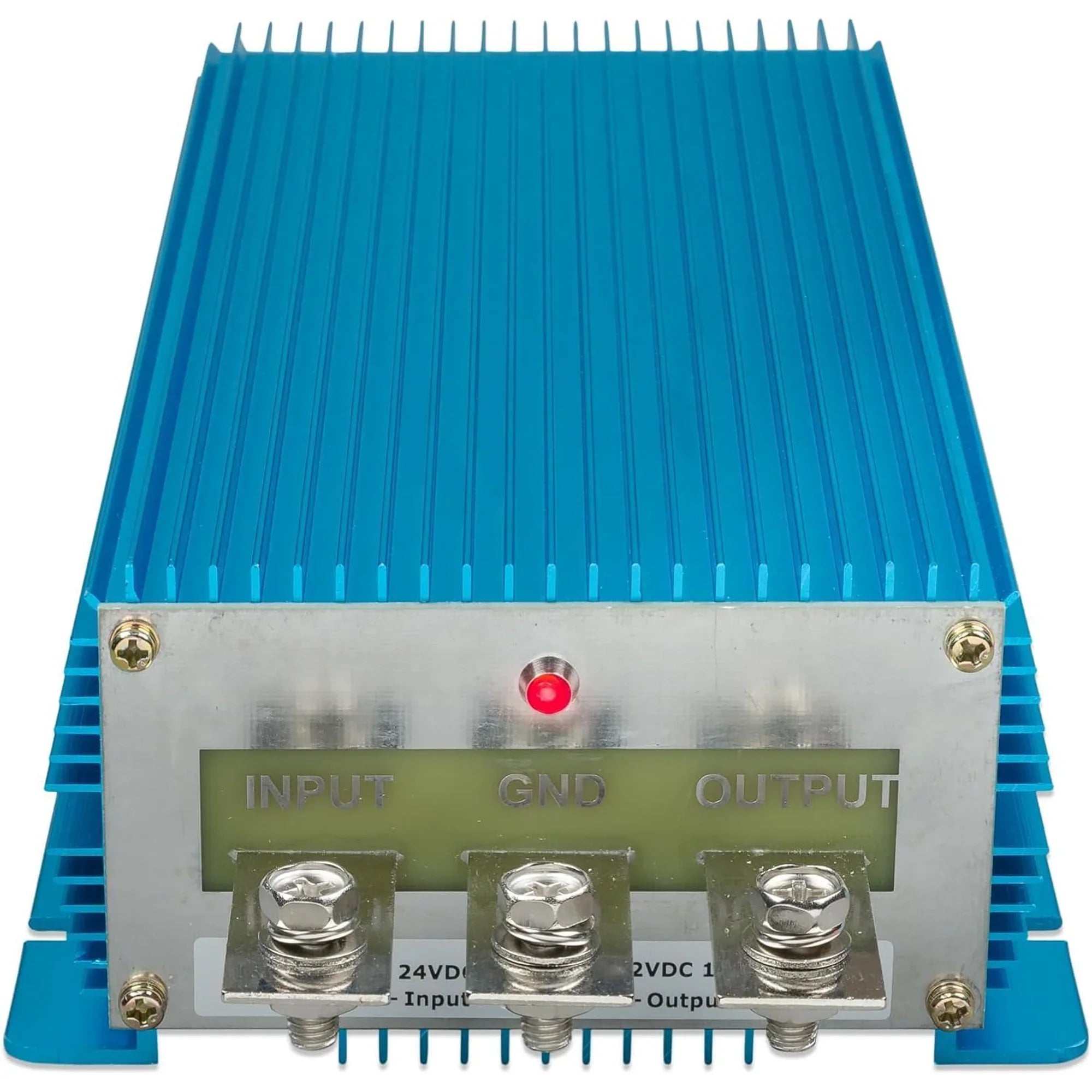 Victron Orion IP67 DC-DC converter with blue heatsink, showing input/output terminals and red power indicator light.