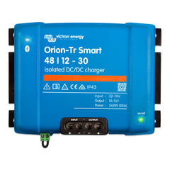 Victron Energy Orion-Tr Smart 48/12-30 isolated DC/DC charger, blue device with control panel and status indicator light.