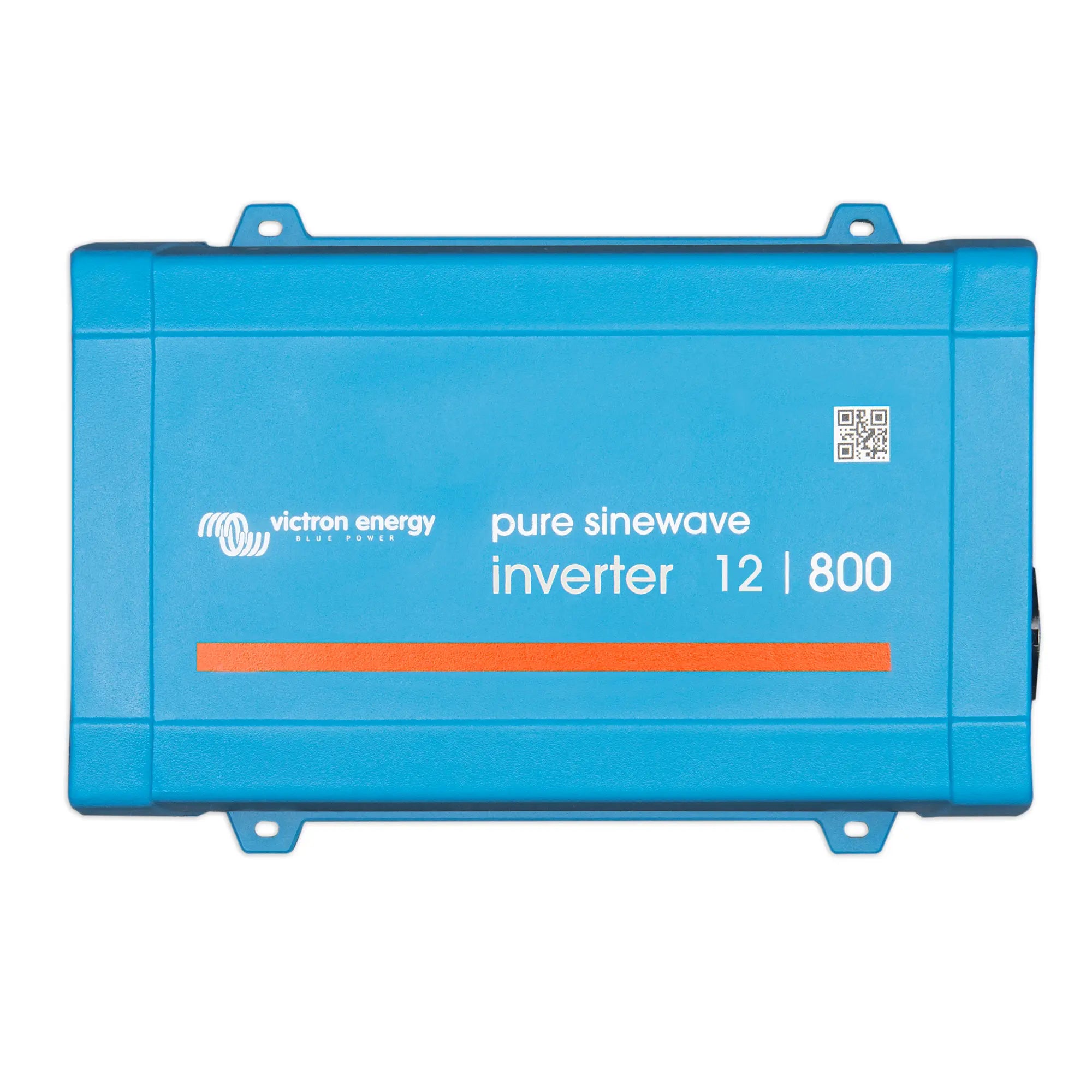 Victron Energy pure sinewave inverter 12/800, blue rectangular device with mounting brackets and QR code.