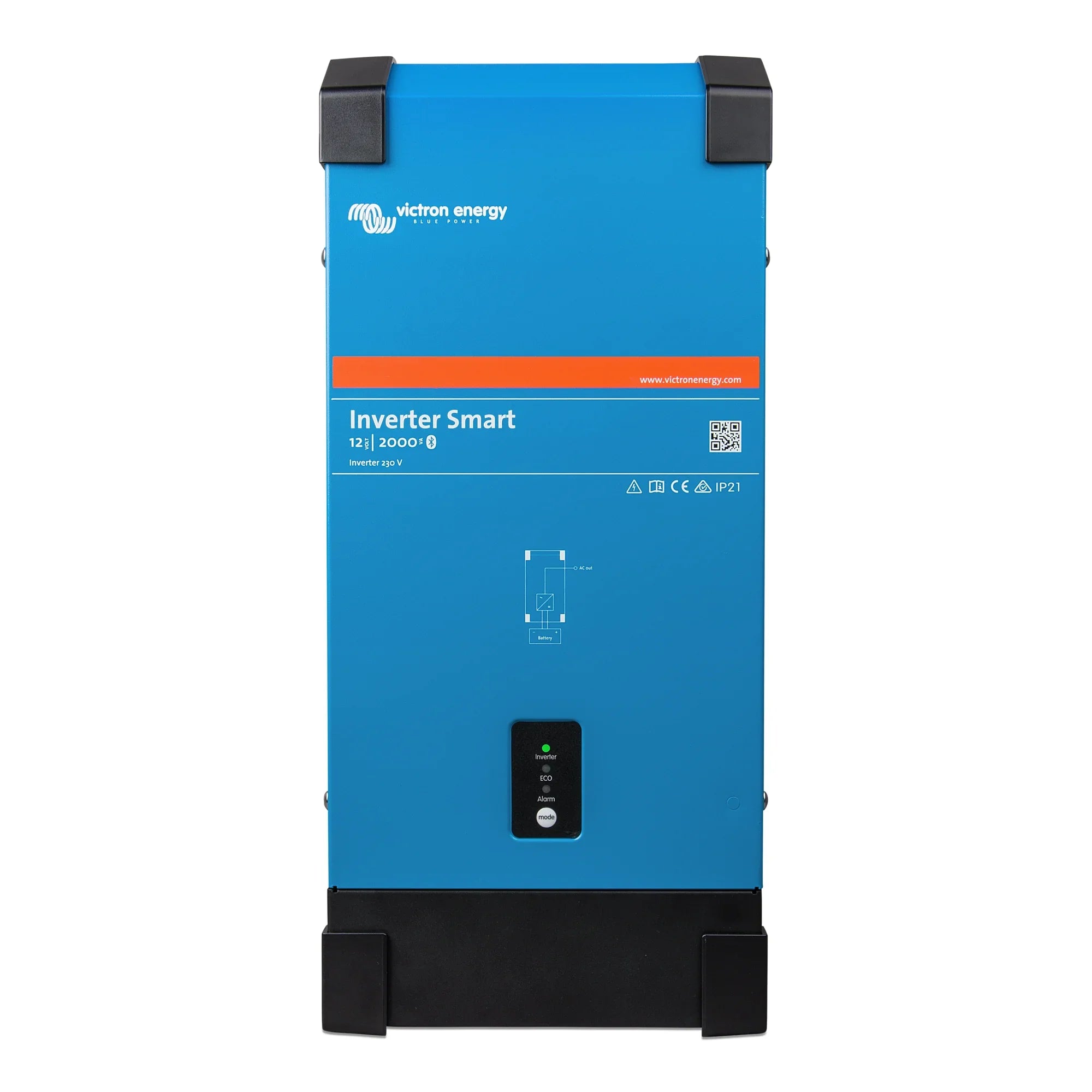 Victron Inverter Smart 12/2000 230V blue wall-mounted unit with black control panel and status indicators.