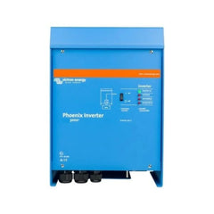 Victron Phoenix Inverter 3000 blue metal enclosure with orange stripe, front panel showing on-off switch and status