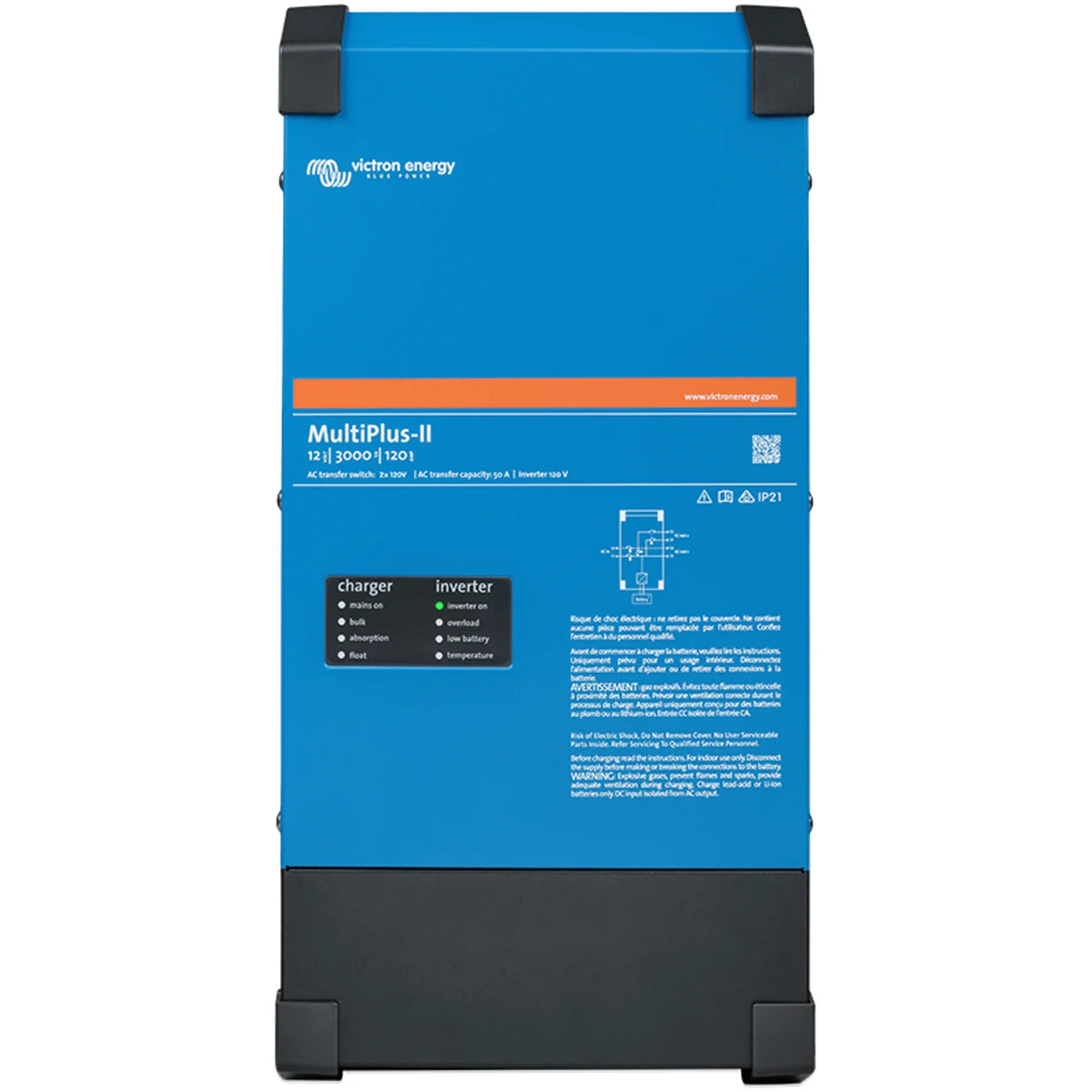 Victron Energy MultiPlus-II 12|3000|120I blue and black inverter charger unit with specification label and operating mode